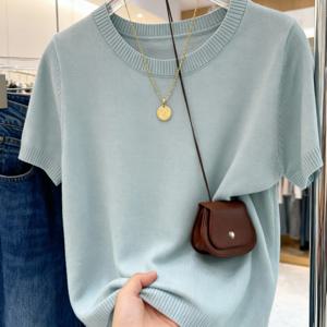 TEMU 라이트 블루 반팔 셔츠, 한국 스타일의 부드러운 감성, 쉬운 스타일, 상의, 고탄력 원단, 부드럽고 피부 친화적, 통기성 좋고 답답하지 않음, 클래식 라운드넥 디자인, 목선 수정, 얼굴을 더 작게 보이게 함