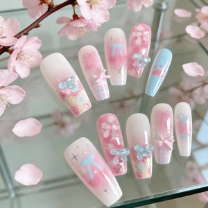 TEMU 플로럴 체리 수제 누ob 매니큐어 네일 10개 세트, 신선하고 귀여운 Y2K 감성, 사계절 스타일, 네일 아트 스티커, 일상 생활, 생일 파티, 모임, 댄스에 적합