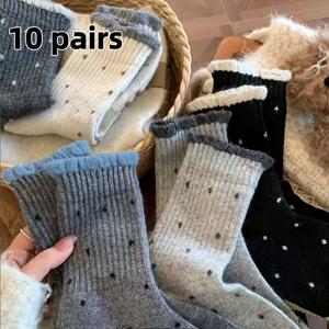 TEMU 여성용 중목 양말 3/5/10켤레, 가을/겨울 폴카 도트 활용도 높은 젠틀 레이스 빈티지 도파민 슬라우치 중목 양말, 새로운 넓은 입구 스타일, 캐주얼부터 정장까지 어울리는 양말, 일상적인 편안한 착용감, 섹시한 양말 디자인, 우아하고 달콤하며 편안한 중목 양말