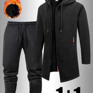 TEMU 남성 캐주얼 스포츠 의상, 드로스트링과 지퍼가 있는 긴 후드 재킷과 테이퍼드 팬츠 (허리 주머니 및 드로스트링 포함)로 구성된 세련된 투피스 세트