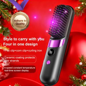 TEMU 새로운 슈퍼 업그레이드 휴대용 무선 헤어 스트레이트너 브러쉬 - USB 충전, 3단계 온도 설정, 음이온 기술, 오래 지속되는 광택, LED 디스플레이, 가벼운 디자인, 여행 필수품, 빗살 및 헤어 클립 포함