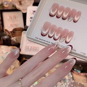 TEMU 10개입 레드 프렌치 팁 프레스온 네일, 누드 그라데이션 롱 오벌 인조네일, 반짝이 글리터 여성용 인조네일, 재사용 가능한 접착식 네일, 데일리 & 우아한 파티룩, 살롱 퀄리티 네일 세트