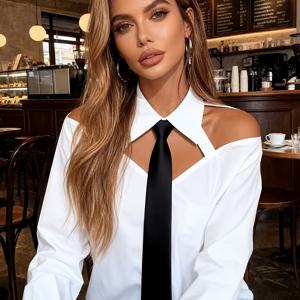 TEMU 우아한 여성용 오프숄더 컬러 블록 긴팔 셔츠, 봄 의상 및 여름 옷장에 완벽