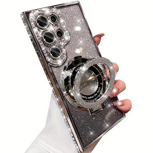 TEMU 휴대폰 케이스 - [옆면 드릴 반짝이는 마그네틱 브래킷] 갤럭시 S26 울트라 S26 S26 플러스 S25 S24 S23 S22 S23 플러스 S24 울트라 S25 울트라 시리즈에 적합, 옆면 드릴 장식 그라데이션 반짝이는 종이 및 마그네틱 브래킷 휴대폰 케이스 내장 렌즈 Pro