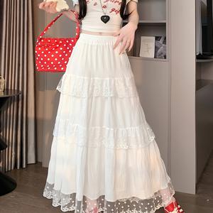 TEMU 화이트 여성용 신축성 허리 레이스 패치워크 러플 케이크 스커트, 프렌치 스타일 하이웨이스트 A라인 원피스, 봄 여름 가을 겨울용