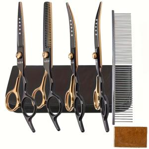 TEMU 전문가용 블랙 앤 골든 스테인리스 스틸 반려동물 미용 가위 - 정밀한 미용 및 스타일링을 위한 곡선형 트리밍 및 클리핑 가위, 강아지 및 고양이에게 이상적인 펫 미용 가위 키트