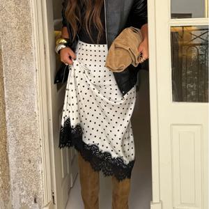 TEMU 여성 의류 여성 하의 여성 스커트 여성 물방울 무늬 패치워크 대비 색상 우아한 파티 원단 속이 빈 레이스 트림 스커트, 휴가 해변에 적합, 봄, 가을 및 여름 시즌에 적합, 우아하고 파티 크리스마스