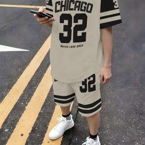 TEMU 청소년 패션 반바지 세트, 반팔 티셔츠와 루즈핏 반바지를 포함한 투피스 의상, 봄, 가을, 여름용, 스타일리시한 야외 캐주얼 세트, 남아용, 야외용, 십대용