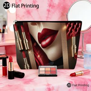 TEMU 매혹적인 빨간 입술 디자인의 2D 프린트 메이크업 가방. 휴대용 아이섀도우 및 립스틱 포함, 지퍼형 보관 포켓 포함. 엄마 또는 여자친구를 위한 크리스마스 및 새해 선물로 완벽합니다.