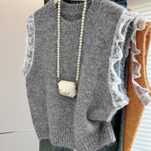 TEMU 여성용 패션 여름 캐주얼 웨어: 솔리드 컬러 라운드넥 베스트 스웨터, 프렌치 스타일 레이스 패치워크 풀오버 베스트 탑. 여성용 봄 가을 캐주얼 웨어