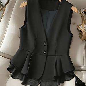 TEMU 세련된 민소매 조끼 | 봄/여름/가을용 우아하고 신축성 없는 단색 조끼, 싱글 브레스트 플래킷 및 프릴 디테일