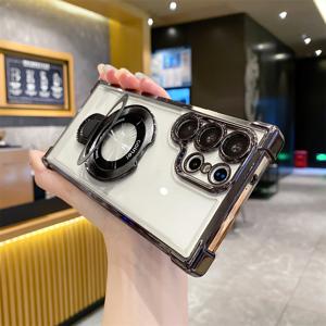 TEMU 휴대폰 케이스: 새로운 쿠션 낙하 방지 투명 전기도금 마그네틱 스탠드 렌즈 보호 케이스, 삼성 S26 울트라 플러스용, 무선 충전 지원