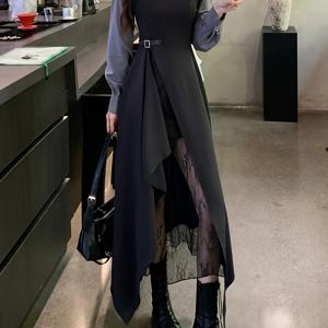 TEMU 여성용 패셔너블하고 우아한 블랙 그레이 대비 스위트 쿨 다크 스타일 원피스, 여성 가을 경량 페이크 2피스 디자인 감각의 롱 스커트, 바삭한 수트 원단+메쉬 스플라이싱 비대칭 스커트, 데일리 스트리트 출퇴근용 스파이시한 느낌의 드레싱