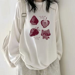 TEMU 여성용 Y2K 오버사이즈 라그랑지 긴팔 티셔츠 - 블랙 & 화이트 컬러블록 라운드넥 블라우스, 라인 릴랙스핏 캐주얼 셔츠, 기계 세탁 가능 봄/가을 레이어링 & 캐주얼 웨어용 슬리브 탑