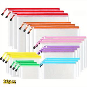 TEMU 21개 다중 사이즈 메쉬 지퍼 파우치 - 사무실, 학교, 여행 및 정리용 - 7가지 색상 (화이트 & 투명) 메쉬 & 지퍼 포함 - 용품, 파일, 퍼즐, 게임, 간식, 공예 정리용 - 휴대용