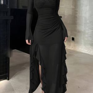 TEMU 메쉬와 러플이 있는 우아한 긴팔 드레스: 동화 속 여신을 연상시키는 디자인으로 가을, 크리스마스, 콘서트, 결혼식, 클럽 외출에 적합하며 섹시한 캐주얼 스타일을 특징으로 합니다.