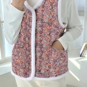 TEMU 한국 스타일 플로럴 할머니 조끼 - 우아한 민소매 봄 안감 조끼 - 김치 조끼 - 기계 세탁 가능하고 변형되지 않는 아우터웨어 - 지퍼 스타일 - 따뜻하고 가벼운 - 빈티지 클래식 조끼 - 봄 민소매 재킷