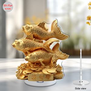 TEMU 2D 평면 회전 아크릴 데스크탑 장식 (3마리의 금붕어와 동전 쌓기 포함) | 부자 상징, 회전식 어항 장식, 사무실, 축제 (할로윈/부활절/찬누카) 행운을 불러오는 디스플레이 - 문화적인 데스크탑 장식품
