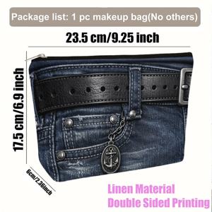TEMU 메이크업 가방 1개, 벨트와 펜던트 메이크업 파우치가 달린 청바지, 가볍고 접을 수 있는 대용량 린넨 화장품 가방 (지퍼 잠금), 생일 또는 졸업 선물, 여행 가방으로 적합, 양면 동일 패턴 인쇄