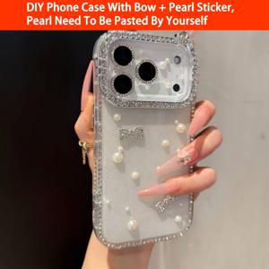 TEMU 휴대폰 케이스 - 펄 스티커가 있는 고급 글리터 라인스톤 폰 케이스, 부드러운 투명 그라데이션과 고양이 귀 리본 특징, 아이폰 17 Pro Max, 17 Pro, 17, 16, 15, 14, 13 Pro Max 호환, 충격 방지 기능이 있는 범퍼 백 커버로 디자인