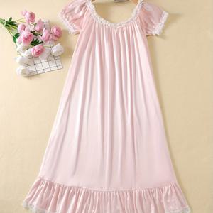 TEMU 여성용 세미시어 레이스 트림 반팔 나이트드레스 - 가벼운 아이스 섬유 원목 넥 섹시 란제리 드레스, 계절별로 적합, 세탁기 사용 가능 핑크 슬립웨어