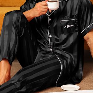 TEMU 2pcs 남성용 파자마 세트 반팔 긴 바지 얇은 줄무늬 자수 문자 여름 칼라 카디건 홈웨어 세트