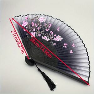 TEMU 1 블랙 플로럴 고풍스타일 접이식 부채, 수제 한푸 춤용 선물 부채, 여성용 휴대용 부채, 장식용 선물