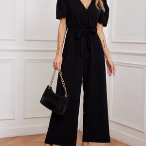 TEMU 여름 여성용 프렌치 스타일 V넥 타이웨이스트 솔리드 컬러 민소매 와이드 레그 점프수트 팬츠