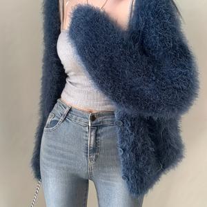 TEMU 여성용 캐주얼 V넥 스웨터 코트 - 인조 밍크 퍼 롱 슬리브 가디건, 루즈핏 미디엄 스트레치 솔리드 컬러 가을 겨울 보온, 핸드워시/드라이클리닝, 귀여운 스웨터, 편안한 착용감, 텍스처 디자인