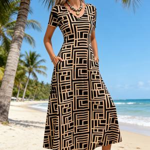 TEMU 봄/여름 여성 패션 기하학 프린트 V넥 반팔 드레스, 블랙 & 브라운 대비 컬러 미디 우아한 출근룩 휴가 스타일 드레스