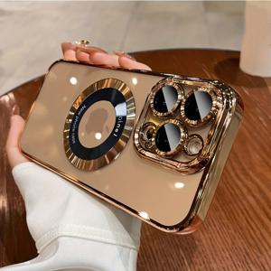 TEMU 럭셔리 디스플레이 로고 도금 투명 마그네틱 무선 충전 휴대폰 케이스, iPhone 11/12/13/14/15/16 Pro Max Plus용 TPU 충격 방지 렌즈 필름 포함 할로우 로고 클리어 소프트 커버