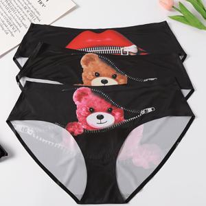 TEMU 3팩 방향성 발달 아기 곰 입술 지퍼 프린트 만화 디지털 프린팅 탄성 편안한 통기성 속건성 여성용 삼각 팬티