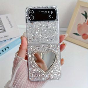 TEMU 폰 케이스: 화려한 반짝이는 하트 미러 럭셔리 여성용 갤럭시 Z 플립3/Z 플립4/Z 플립5/Z 플립6 전용 풀바디 충격방지 보호 커버