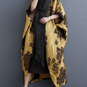 TEMU 1pc 우아한 V넥 플로럴 자카드 여성용 기모노 가디건 - 캐주얼 플러스 사이즈 배트윙 오픈 프런트 아우터웨어 버튼 디테일, 폴리에스테르, 봄/가을 방풍 재킷