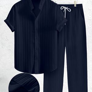 TEMU 대형 사이즈 남성용 심플 단색 컬러 캐주얼 슈트, 버튼 헨리 칼라 반팔 셔츠와 끈 조절 허리 캐주얼 팬츠 2피스 세트, 질감 있는 원단, 봄과 여름에 적합, 플러스 사이즈