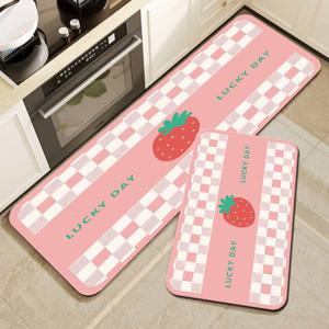 TEMU 1.1cm 두께의 딸기 디자인이 있는 비끄러운 주방 매트 - 핑크 체크 폴리에스터 바닥 매트, 거실, 현관, 발코니용 - 기계 세척 가능, 홈 데코 매트|딸기 패턴 매트|폴리에스터 섬유 매트, 주방 바닥 장식