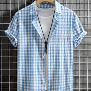 TEMU 남성용 캐주얼 스타일리시 반팔 체크 버튼업 셔츠 (여름용), 중국 사이즈, 사이즈 가이드를 신중하게 확인해 주세요