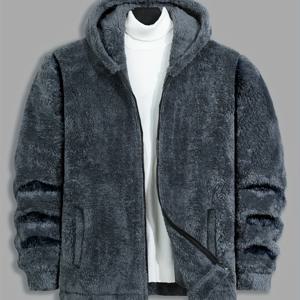 TEMU 남성용 테디 플리스 양면 플리스 따뜻한 후드 긴소매 방풍 캐주얼 단색 겉옷 탑