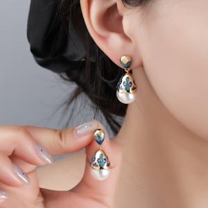 TEMU 1쌍 빈티지 우아한 여성용 에나멜 귀걸이 - 터키석 블루 & 골든 모조 드롭 댕글 귀걸이, 장식적인 중국/영감 모티프, 파티 결혼식 일상 착용에 다용도, 연중 보석 선물, 여성용 귀걸이, 빈티지 귀걸이, 독특한 귀걸이, 여성용 빈티지 귀걸이, 스타일리시한 여성용 귀걸이, 우아한 클래식 여성용 귀걸이, 독특한 여성용 귀걸이, 여성용 빈티지 보석