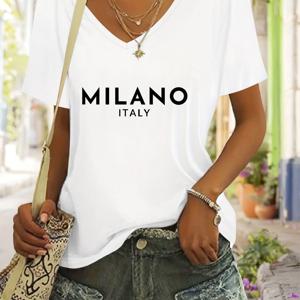 TEMU 밀란 레터 프린트 반팔 라운드넥 티셔츠, 부드럽고 편안한 폴리에스터 스판덱스 혼방 반팔 상의, 봄 여름 여성 의류