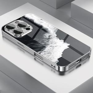 TEMU 아티스틱 블랙 웨이브 패턴 휴대폰 케이스, 아이폰 16 Pro Max/15 Pro Max/14/16 Plus/15/13 Pro/12/11/X/XR/XS Max용, 강화유리 풀커버 낙하 방지, 스타일리시한 디자인