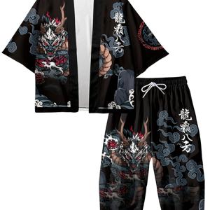 TEMU 드래곤 토템 프린트 트렌디 봄/여름 기모노, 7부 소매 셔츠 로브, 루즈핏 남성용 호리 기모노, 유니크 남성용 잠옷, 캐주얼 홈웨어 세트