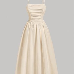 TEMU 우아한 어깨 드레스, 스모크 백, 단색, 무릎 길이, 프릴 하단, 허리 cinched, 폴리에스터, 모든 계절 착용, 성인 여성 패션, 공식 행사 의상 | 프릴 하단 드레스 | 폴리에스터 원단