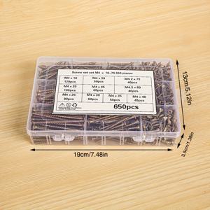 TEMU 650개 컬러 아연 도금 M4 납작 머리 나사 콤비네이션 세트, M4/16/20/25/30/35/40/45//70, 접시머리 셀프 태핑 목재 나사 - 풀 스레드 금속 나사