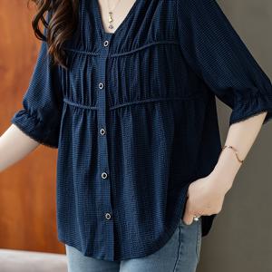 TEMU 플러스 사이즈, 주름 디자인 V넥 2025 여름 신상 미드슬리브 셔츠 한국식 캐주얼 다용도 여성 상의