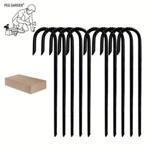 TEMU 10개 12인치 무거운 J-후크 정원 스태크, 방수 철 앵커 스피크, 울타리, 스포츠 넷팅, 캠핑, 트램폴린, 관개 파이프 및 야외 토지 사용 - 검정/은색, 야외 캠핑 액세서리 | 세련된 검정색 마감 | 내구성 있는 철 스태크