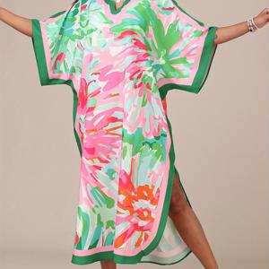 TEMU 여성용 비치 커버업 드레스 - V넥 트로피컬 플로랄 프린트 사이드 슬릿, 풀사이드 및 휴가용 가벼운 세탁 가능 수영복 커버업, 에스닉 스타일 여름 리조트웨어, 풀사이드 착용 | 흐르는 핏 드레스 | 신축성이 없는 소재