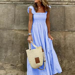 TEMU 여성용 우아한 체크무늬 스모크 웨이스트 스퀘어넥 드레스 - 핏감 좋은 긴소매 미디 드레스, 세탁기 사용 가능 사계절 캐주얼부터 포멀웨어까지, 긴소매 드레스