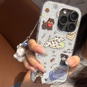 TEMU 투명한 흰색 빛 IND 체크무늬 라인 개 폰 케이스, 개 귀걸이를 장착한 Iphone 11, 12, 13, 14, 15, 및 16 Pro Max에 적합합니다.