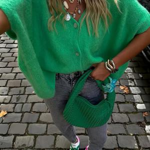 TEMU 우아한 시리즈 여성용 가벼운 그린 V넥 카디건 - 루즈핏 세미시어 버튼 프론트, 통기성 봄 여름 가을 레이어링, 출퇴근 및 캐주얼 아웃핏 액세서리, 단추 니트웨어